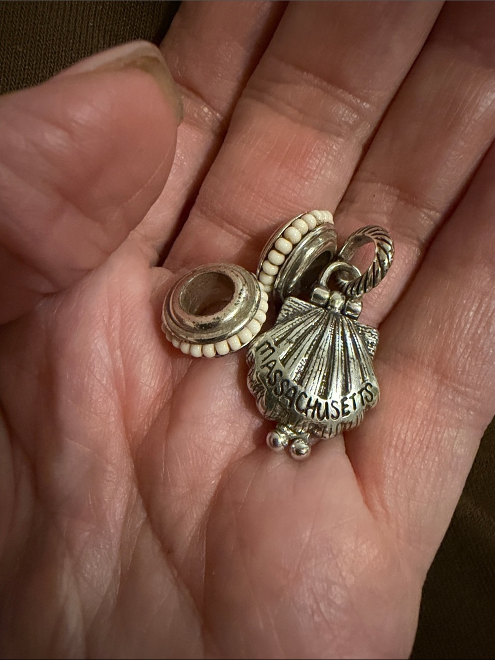 Brighton  Massachusetts Shell Charm with White Bead Spacers